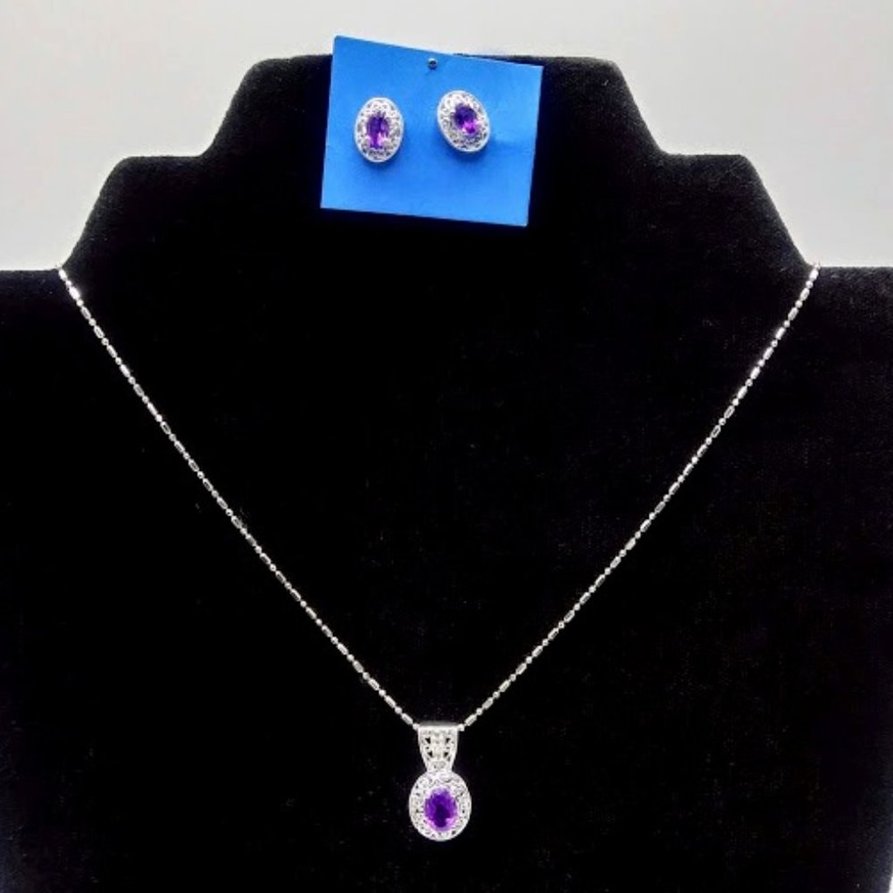 AMETHYST*FEB*BIRTHSTONE*AMETHYST*.925 SILVER*NECKLACE & EARRING SET